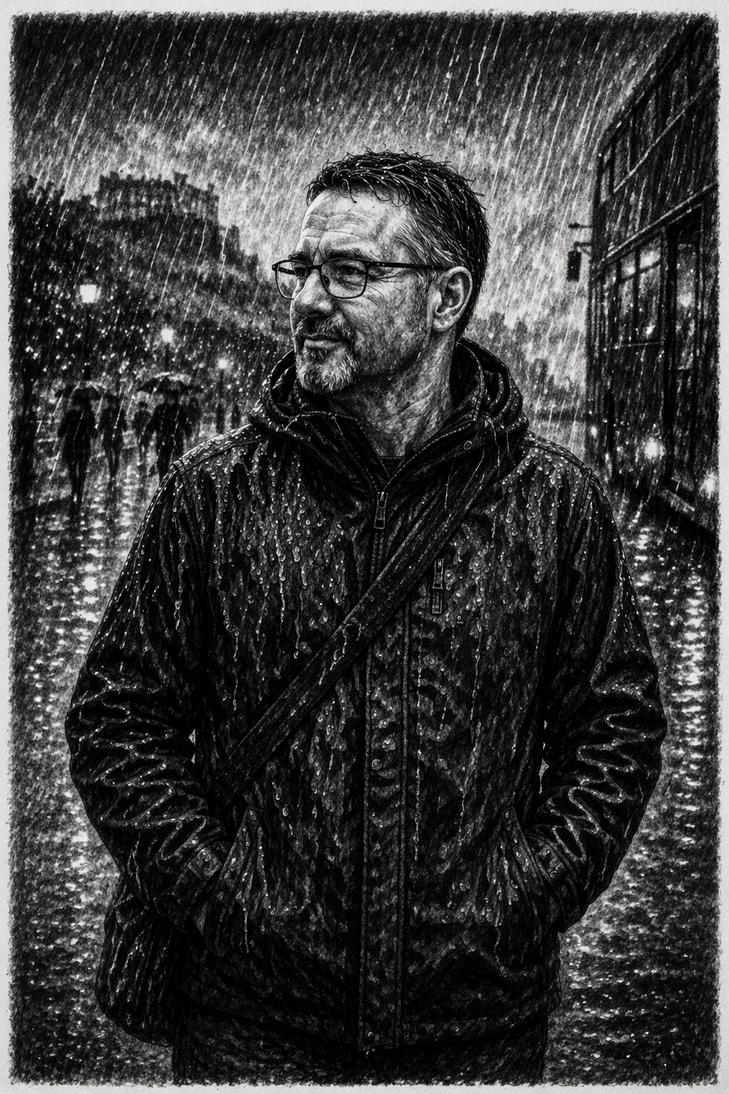 Black and white illustrated portrait of Jorge R. Obando